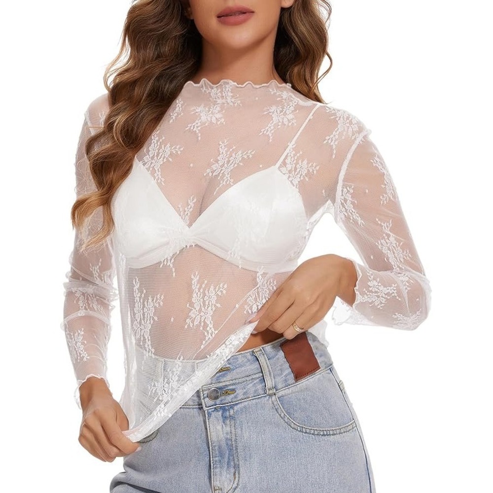 Etosell Womens White Floral Lace Mesh Sheer Long Sleeve Top NWT Size L